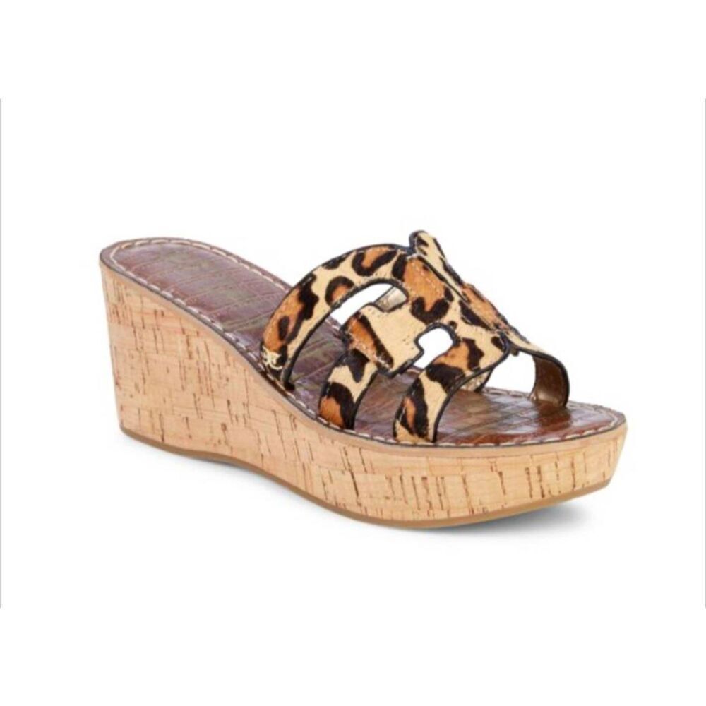 SAM EDELMAN Regis Leopard-Print Calf Hair Wedge Sandals Size 8.5M